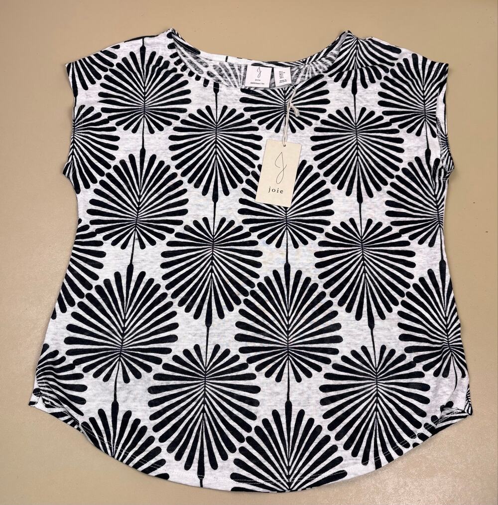 Joie Women’s L 100% Linen Black White Geometric Print Top NWT